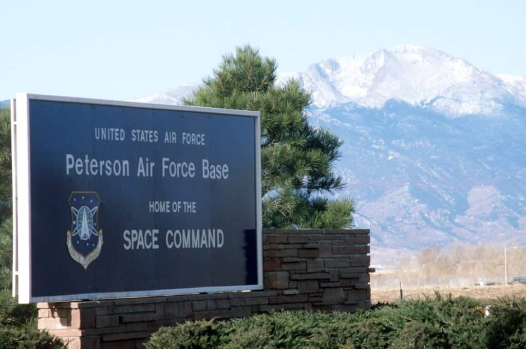 Peterson Base Sign with Pikes Peak - 5 Star Moving & Storage Peterson base entrance sign in Colorado Springs with Pikes Peak in the background